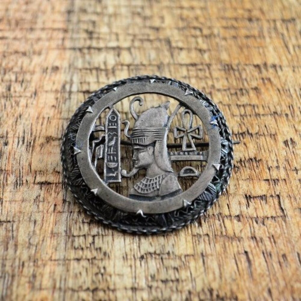 Egyptian Revival Round Sterling Silver Brooch Ankh and Pharoah Antique Round